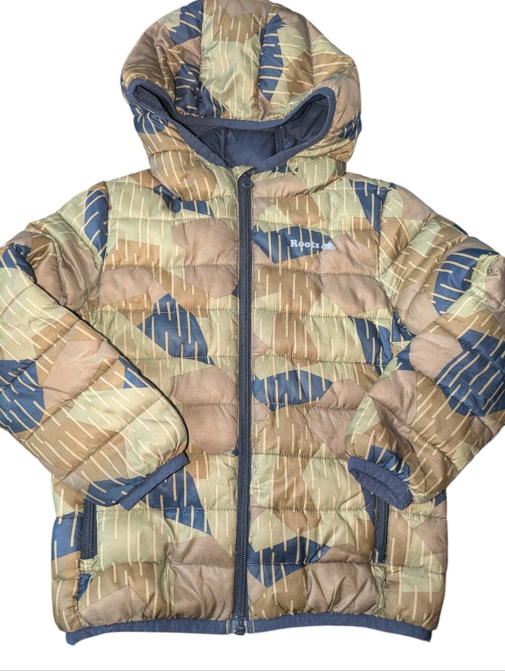 Roots Kids Camo Hooded Puffer Jacket in Blue & Tan